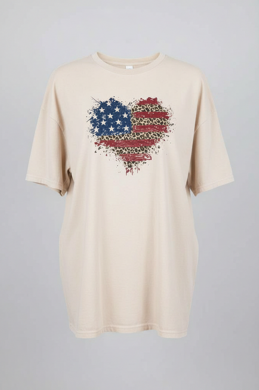 Unisex round neck T-shirt featuring a heart-shaped American flag splatter design by Top Avenue.