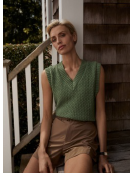 Varley Antonella knit vest in neutral tones, featuring a cozy, textured design with a V-neck and sleeveless style.