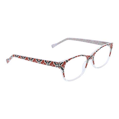 Vera Bradley Cimarron Blue Light Reader Moorish eyewear with stylish blue patterned frames and clear lenses on a white background.