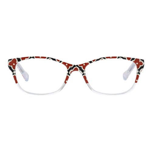 Vera Bradley Eyewear Cimarron Blue Light Reader Moorish style glasses with clear lenses and decorative blue frame.