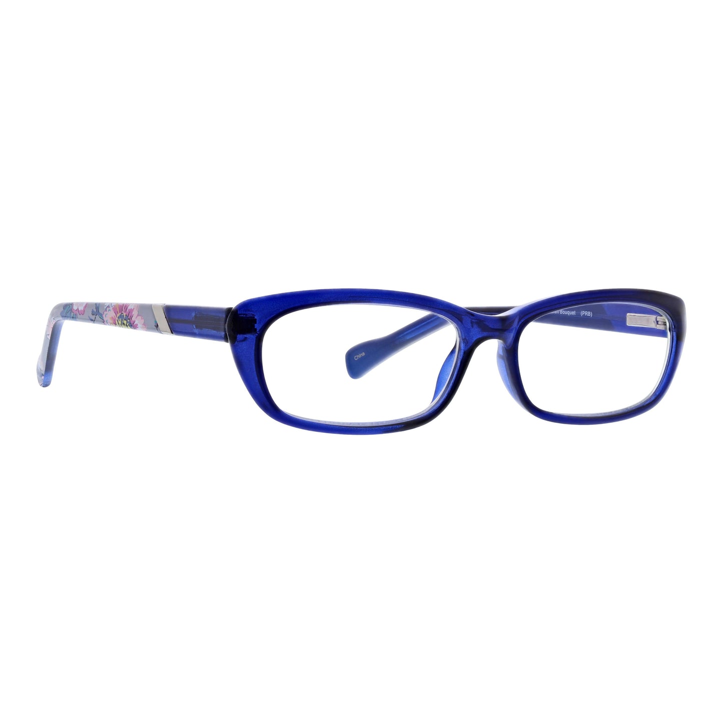 Vera Bradley Tina Parisian Bouquet blue light reading glasses with floral pattern and slim frame design.
