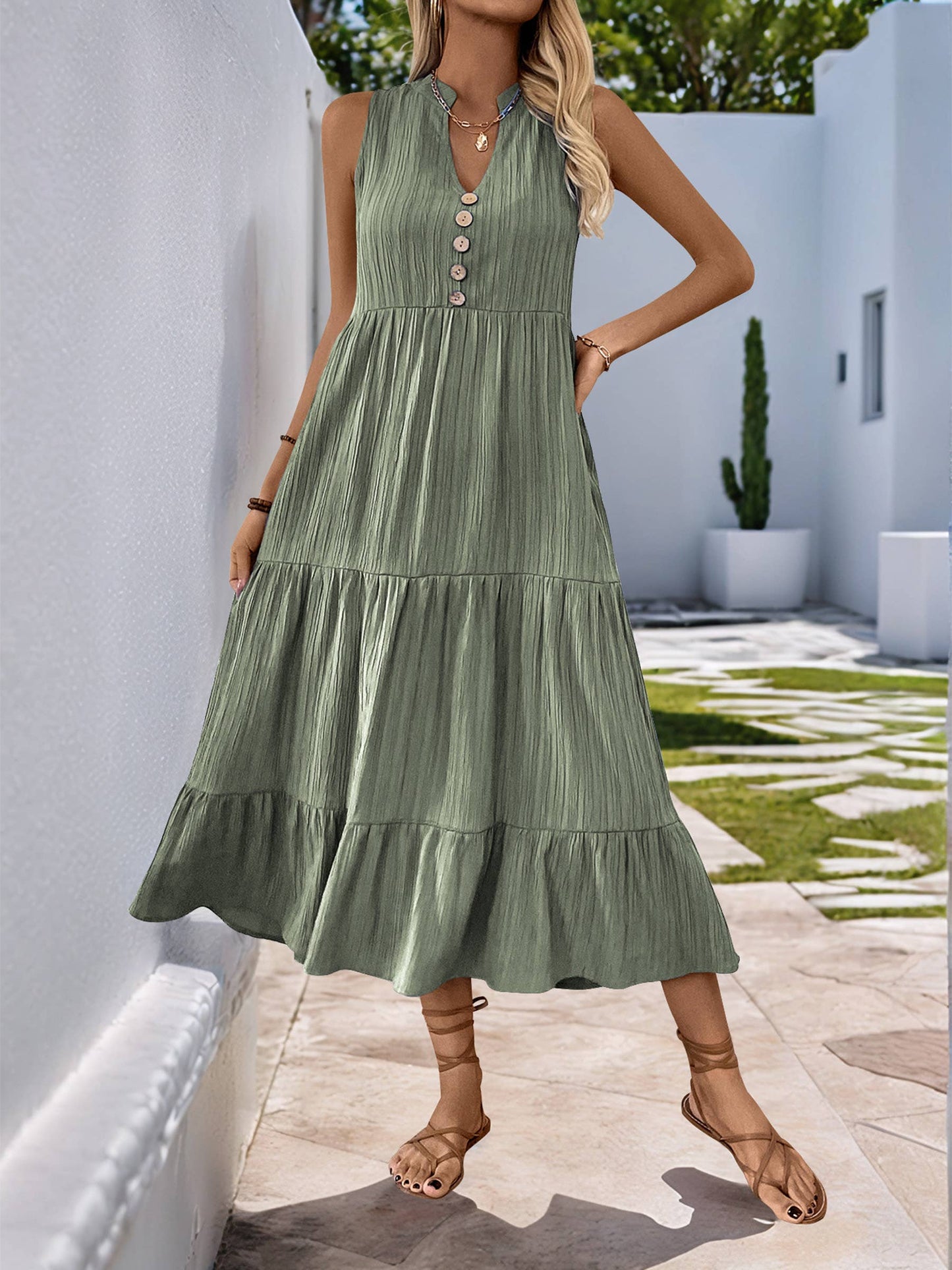 Green V-neck solid color dress by Wholesalesir, featuring a flattering V-neckline and simple, elegant design.